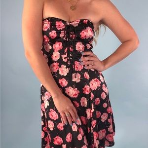 Vintage Betsey Johnson floral dress with lace up detail. 100% Silk.